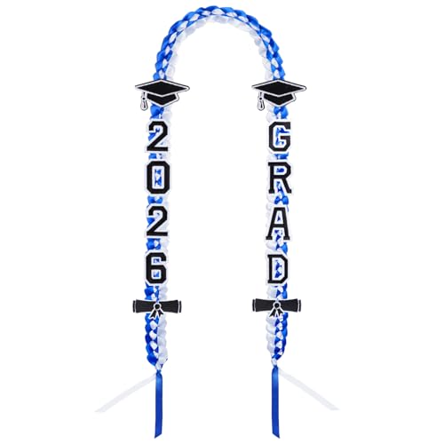 Zptjql 2026 Graduation Leis, Class of 2026 Grad Handmade Braided Ribbon Necklace with Patches & Pins, Grad Handmade Necklace Graduation Gifts for Graduates Men Women (Blue&White) by Zptjql - Used condition - US$6.04