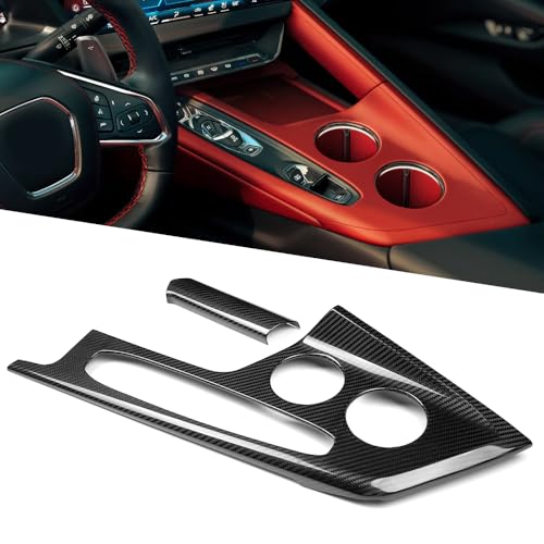 Jogon Carbon Fiber Gear Shift Panel Cover Trim for Corvette C8 Stingray Z06 ZR1 E-Ray Coupe HTC 2026, Center Console Water Cup Holder Frame (Glossy CF)