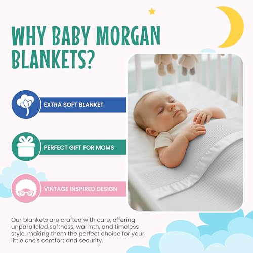 Image of Blankets Thermal Waffle Baby Blanket Crib Bedding - Soft Cozy Warm Infant Thermal Cover for Nursery Stroller or Bassinet, Lightweight Ideal Shower Gift, Satin Trim White 36 inch x 50 inch