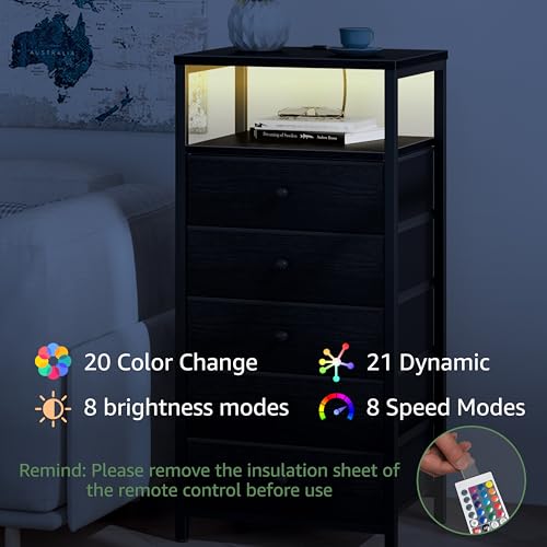 Image of BOLUO Black Dresser with 5 Drawers Tall Nightstand with Charging Station and LED Light, Bedside Table Room Storage Drawers Closet