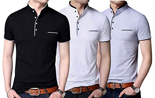 Image of Pixie Fashion Polycotton Mandarin Collar Half Sleeves Men's T-Shirts Combo (Pack of 3)