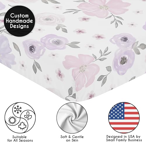 Image of Sweet Jojo Designs Fitted Baby Crib Sheets (Purple /Grey Boho Floral) for Girls, Infant Nursery, Toddler Room - Standard Size (Lavender, Watercolor, Bohemian Flower, Rose, Farmhouse, Shabby Chic, Pink)