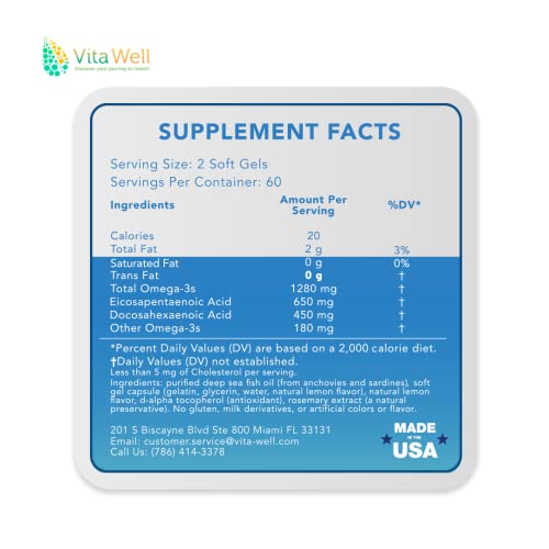 Vitawell Ultimate Omega-3 Lemon Soft Gels, 120 Soft Gels, Epa+Dha, Highly Intensity Omega 3 Clinically Shown To Support A Healthy Heart, Superior Trygliceride Form #TOP6