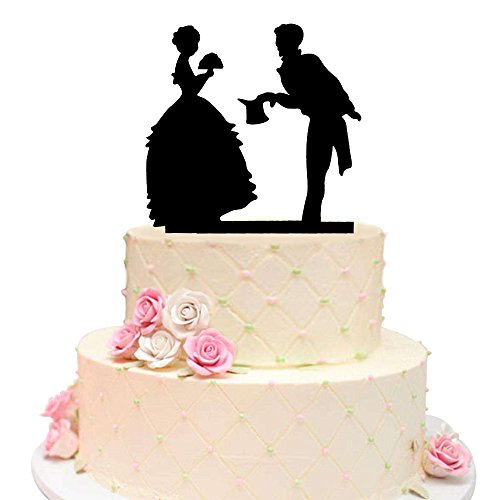 Bride and Groom Silhouette Wedding Cake Topper, Black Acrylic Marry Me Wedding Couple Cake Toppers Decoration
