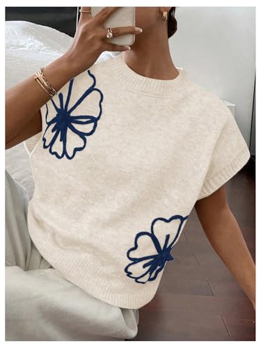 Image of SOLY HUX Women's Short Sleeve Sweater 3D Floral Sweaters Pullover Tank Tops Knit Vest Trendy Fashion Clothing