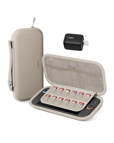 Image of Belkin Gaming Travel Bag Carrying Case (Sand) w /Hard Shell + Dual USB C Wall Charger 65W w /GaN Technology Bundle for Nintendo Switch 2 & More - Travel Essentials w /AirTag Holder & Game Storage