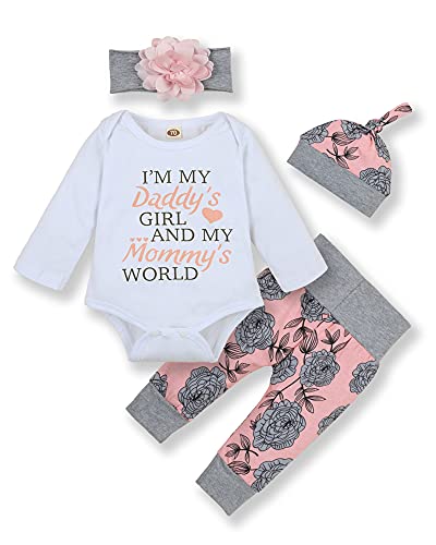 Image of Newborn Baby Girl Clothes 0-18M Infant Ruffle Romper Bodysuit, Long Sleeve Tops Floral Pant Outfits Set + Headband
