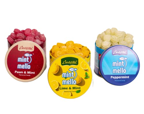 Image of CandyVille Mint Mello Candy Tin Combo (1.02 KG - Pack of 3) | Each of Lime Mint, Paan Mint and Peppermint Candy Tins | Mild Mint | With Menthol | Flavoured Candy