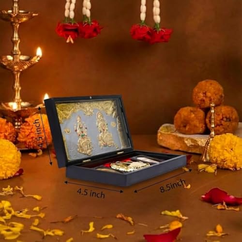 Image of Laxmi Ganesh Pocket Temple for Wedding Gift, Housewarming Gift & Pooja Room Decor | Gold Plated Photo Frame with Charan Paduka - 8 Inches (Brown)