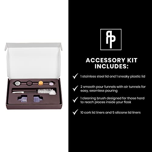 Ragproper Glass Flask Accessory Kit - Cleaning Set with Cleaning Brush, Silicone & Cork Lid Liners, Stainless Steel & Plastic Lids & Smooth Pour Funnels (Single Shot, 100mL)