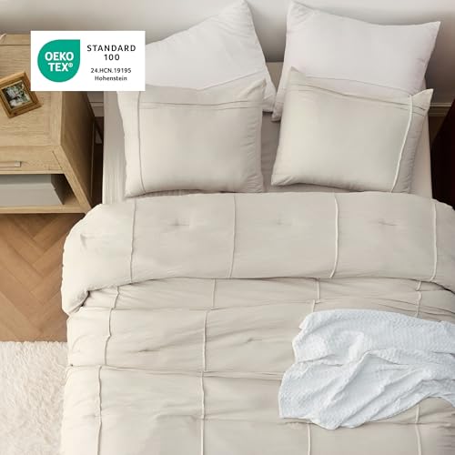 Image of Bedsure Beige Queen Comforter Set - 4 Pieces Grid Pleated Bed Set, Down Alternative Bedding Sets for All Season, 1 Comforter, 2 Pillowcases, 1 Decorative Pillow