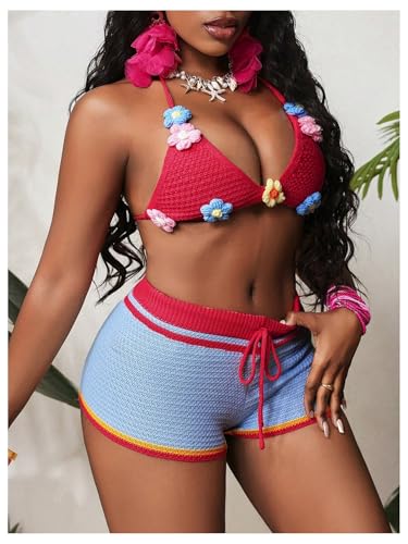 MakeMeChic Women's 2 Piece Crochet Cover Ups 3D Flower Halter Tie Back Bikini Top and Shorts Swimsuit3