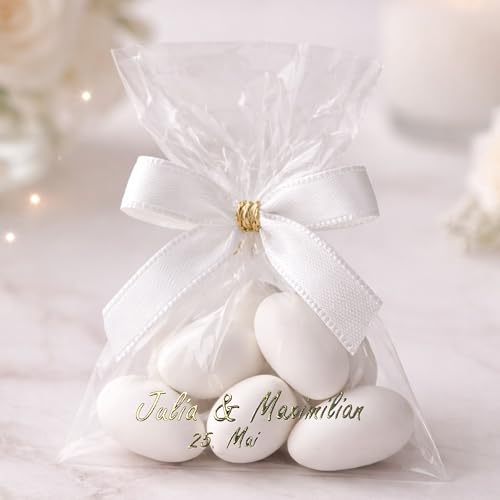 5 personalisierte Gastgeschenke Hochzeit Taufe Babyshower mit Zuckermandeln weiss | schon fertig gefüllt mit Namen & Datum | Bonboniere Hochzeitsmandeln Taufmandeln Kommunion
