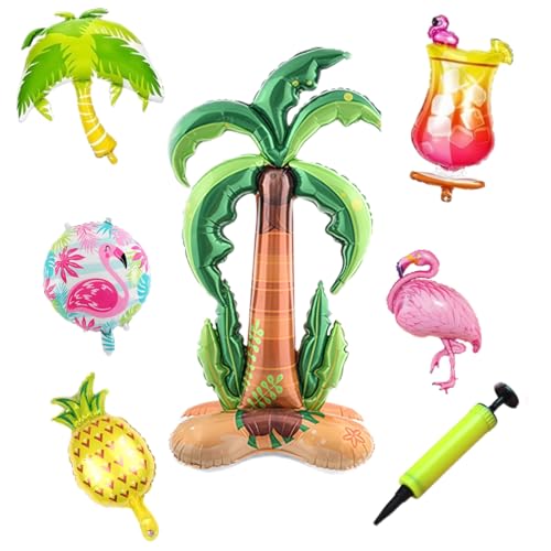 SSKHE Ensemble Déco Tropical Complet, Arbre à Noix de Coco Gigantesque 180cm Autoportant, Pompe à Air, 5 Ballons en Feuille d'Aluminium Thématiques Hawaii, Pour...