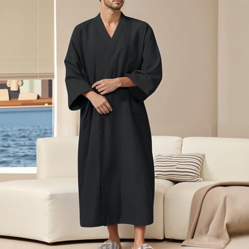Men's Japanese Style Robe with Pocket Cotton Long Sleeve Solid Color Kimono Bathrobes Loose Comfortable Loungewear Pajamas2