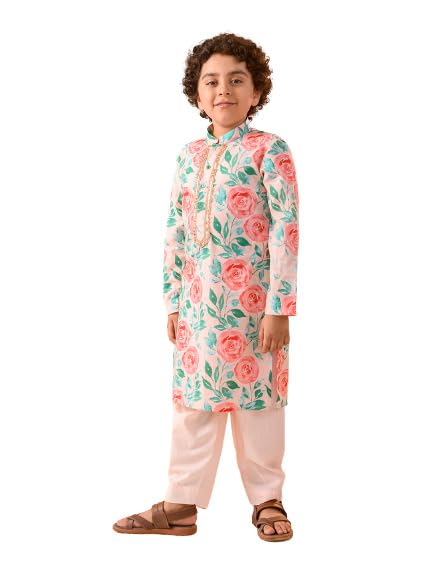 Pspeaches Boys Floral Printed Pure Cotton Kurta With Pyjamas