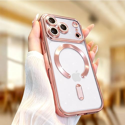 Image of Misscase for iPhone 17 Pro Case with Privacy Screen Protector, Built-in Lens Protector, Compatible with MagSafe, Anti-Yellowing Shockproof TPU, Bling Glitter Electroplated Cover 6.3 inch Pink