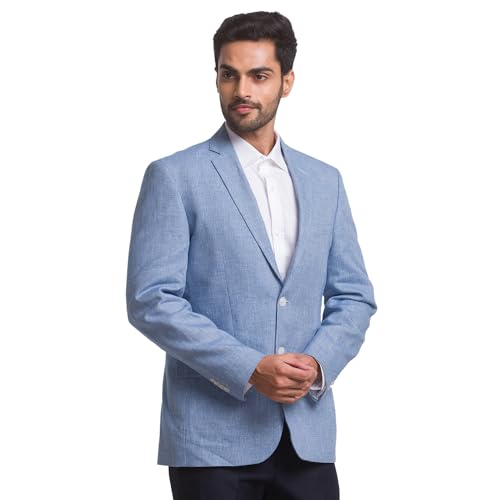 Image of Colorplus Men's Contemporary Fit Cotton Blend Notch Collar Yarn Dyed Pattern Full Sleeve Blue Casual Blazer