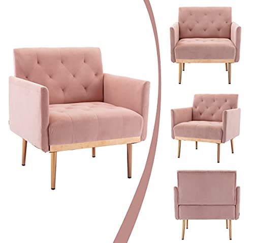 Sleerway Modern Velvet Single Sofa Chair, Upholstered Accent Living Room Chair, Comfy Armchair With Rose Golden Metal Legs, Tufted Chair For Reading Or Lounging (Pink) #TOP3