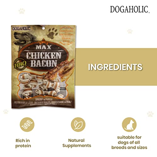 Image of Rena Dogaholic BBQ Max Chicken Bacon Bone Dog Treats for All Breeds with Bacon-Barbecue Flavour, Protein-Rich, Low in Fat with Real Chicken, 130 gm