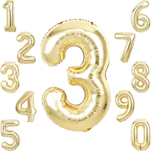 Image of Champagne Gold Number 3 Balloon for 3rd Birthday Decorations,40 inch Huge Light Gold 3 Balloon Foil Three Balloons for Three Birthday Party Decoration for Girls Boys Party Supplies Favors
