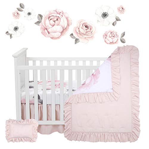 image for Lambs & Ivy Floral Garden Watercolor/Pink Linen 5-Piece Baby Crib Bedd