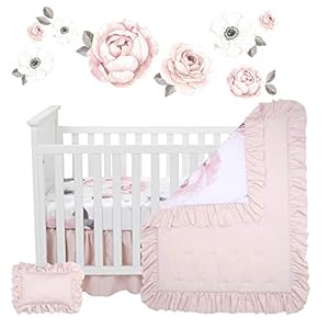 Lambs ivy floral garden watercolorpink linen 5 piece baby crib bedding set  urban country home decor