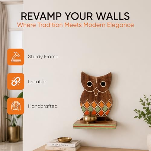 Image of AAKRITI ART CREATIONS Handcrafted Wooden Brown Tribal Art Owl Shelf | Modern Art Mango Wooden Shelves Wall Decor Shelf | Matte Finish Decorative Wall Hanging for Living Room, Entryway & Gifting