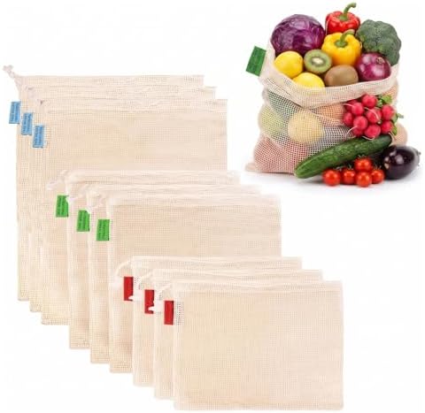 9 Pack Reusable Produce Bags, Organic Cotton Mesh Grocery Shopping Bag Set image 4