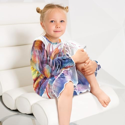 Watercolor Fire Rainbow Dragon Girls Long Sleeves Dress, Winter Dresses Nightgowns Casual Swing Dress4