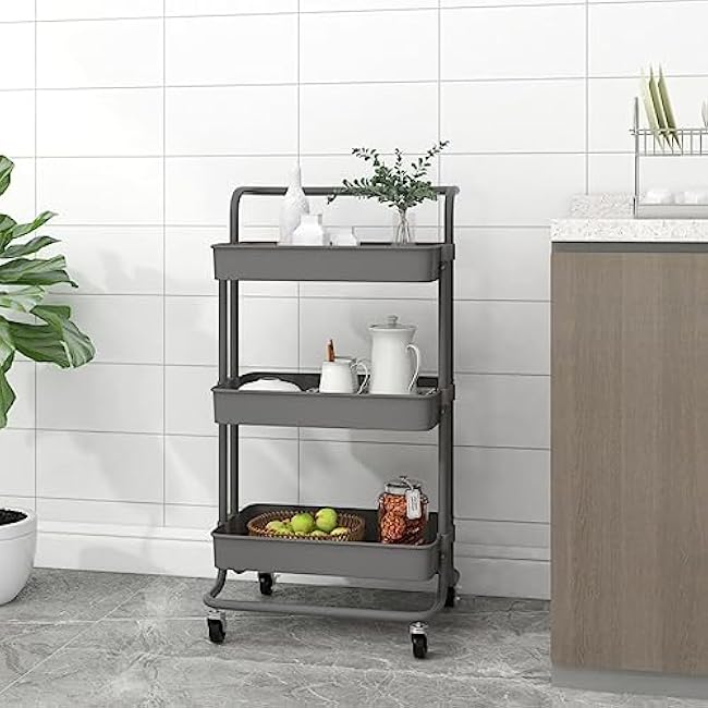 3-Tier Kitchen Rolling Cart, Gray 16.5x13.8x33.5 Iron and ABS Plastic, Storage Trolley with Wheels, Mobile Serving for Home-2LvaQrWY