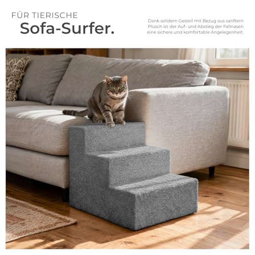 tectake® Hundetreppe oder Katzentreppe, Haustiertreppe, Einstiegshilfe mit waschbarem Bezug, extra Flache Treppenstufen, Tiertreppe für Sofa, Bett oder Auto (grau, 37 x 45 x 34,5 cm, 3)