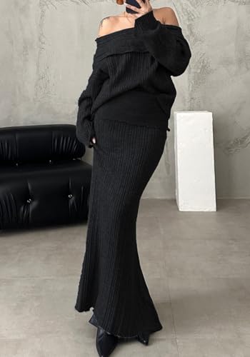 Image of Unybwonn Skirt Sets Women 2 Piece Outfits off the Shoulder Sweater and Knitted Skinny Maxi Skirts Fall Casual Outfits
