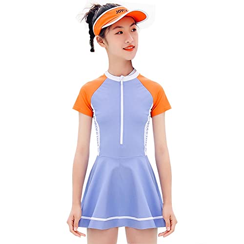 L PATTERN Bañador Natacion Niña con Protección Solar Traje de Baño de Playa de Manga Corta Bikini Niñas de Secado Rápido para Piscina, Azul Claro, 6XL/12-13 Años