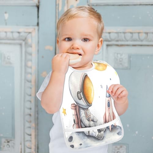 MCHIVER Astronaut White Baby Bibs for tag1 Waterproof Feeding Bib Apron with Food Cather Adjustable Cotton Food Eating Bib 2 Pack4