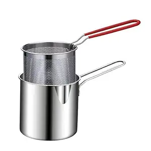 Krishope Small Deep Frying Pot With Basket 1200Ml Stainless Steel Fryer Pot With Long Handle Mini Deep Oil Fryer For French Fries/Boiling Butter/Sauce/Gravies/Pasta (Silver)