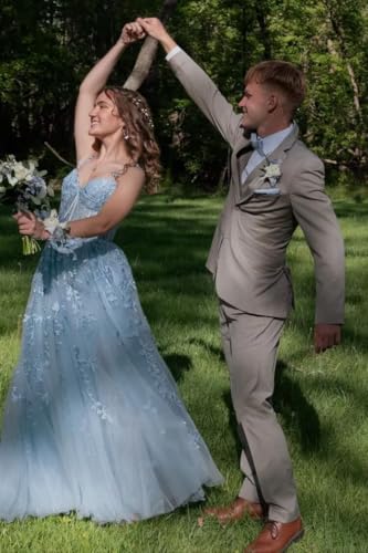 YUAOHUANG Lace Applique Tulle Prom Dresses for Women 2025 Spaghetti Straps Ball Gown Formal Evening Party Gown with Slit4