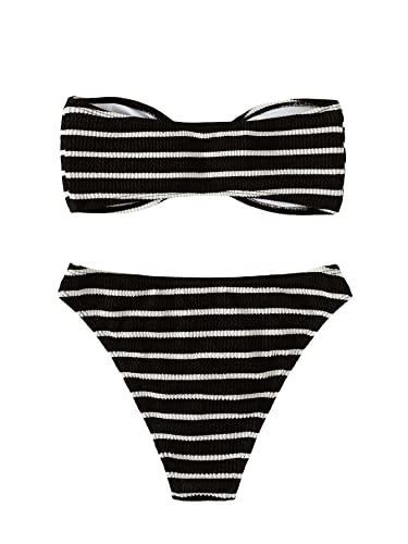 Image of GORGLITTER Women's Strapless Bandeau Swimsuit High Waisted Thong Textured Bikini Set Bathing Suit