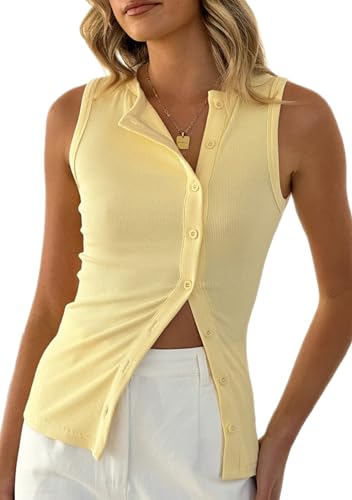 Butter-yellow sleeveless button-front tailored vest