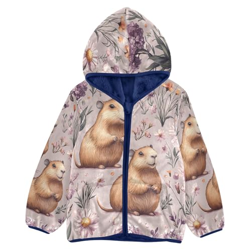 Floral Guinea Pigs Background Toddler Fleece Jacket Girl Boys Hooded Fleece Jacket Coat Warm Outwear Zip-up 3-10T