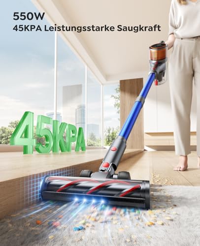 Akku Staubsauger Kabellos 550W für Hartböden und Teppiche, Leichter Akkusauger mit 60min Laufzeit und Ladestation, Super