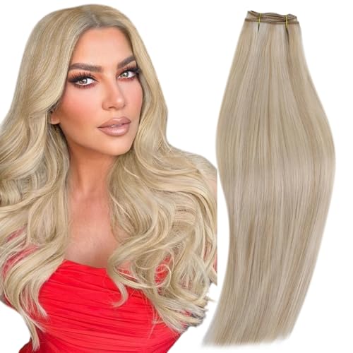 RUNATURE Weft Hair Extensions Human Hair Blonde Highlight Ash Blonde Sew in Weft Hair Extensions Real Hair Blonde Double Weft Hair Extensions Real Human Hair 20 Inch 100 Gram