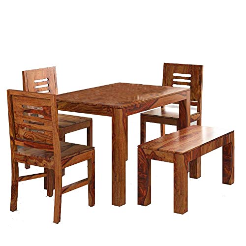 Image of Sheesham Wood 4 Seater Dining Table Set, Solid Wood Four Seater Dining Table| Four Seater Dining Set for Hotel & Restaurant Dinner Table, 3 Chairs & 1 Bench