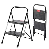 Sweetcrispy Trittleiter 2 Stufen klappbar, Klapptritt für Zuhause, stabile Anti-Rutsch-Leiter mit Handlauf, kompakte & leichte Klappleiter, bis 150 kg belastbar, ideal für Haushalt & Büro, Schwarz