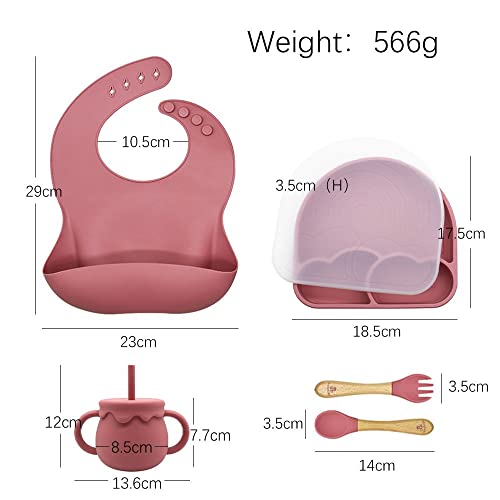 Luxekids Silicone Baby Feeding Set - 6 Pieces Toddler Utensils Set with Baby Plates and Bowls with Suction, Baby Spoons, Forks, Sippy Cup (Dark Pink)