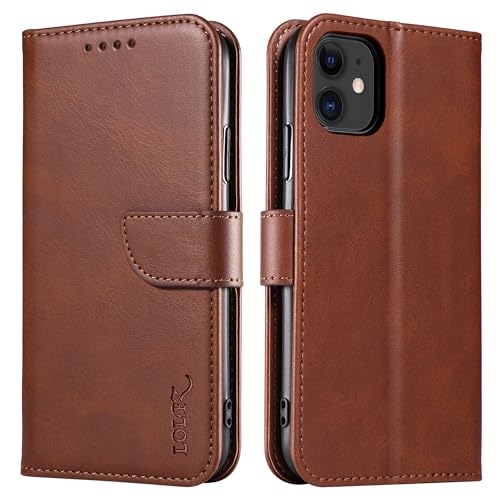 Étui iPhone 11 LOLFZ en cuir marron avec fermeture à rabat magnétique protecteur