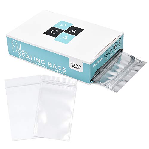 PACA 50 Resealable Smell Proof Bags - White Clear Plastic Foil Metallic Mylar