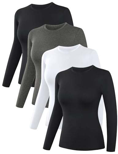 Dalavch 4 Pack Women’s Thermal Shirts, Women Fleece Lined Compression Long Sleeve Base Layer Tops for Winter Cold Weather 2 Black 1 Heather Gray 1 White X-Large