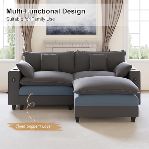 Image of KCGKCG 80.7 inch Modular Sectional Couch, L Shaped Cloud Sofa with Movable Ottoman, Chenille Deep Seat Cloud Couch with Charging Station, Cup Holder, Side Pocket, Sectional Couches for Living Room, Grey
