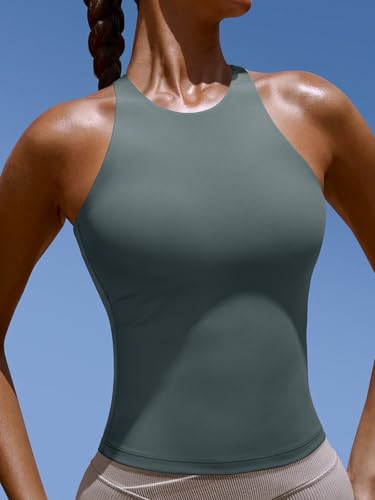 Image of LASLULU Womens High Neck Workout Tank Tops with Built in Bra Strappy Back | Low to Medium Impact,Longline Halter Neck Sports Bra,Fitted Compression,Padded Athletic Yoga Running Gym Pilates Tank Tops